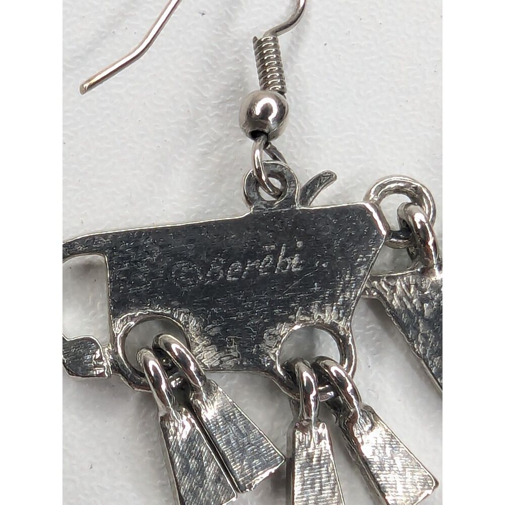 Vintage Signed E. Berebi Western Longhorn Dangle Earrings Silver Tone Teal Cream - Picture 4 of 6